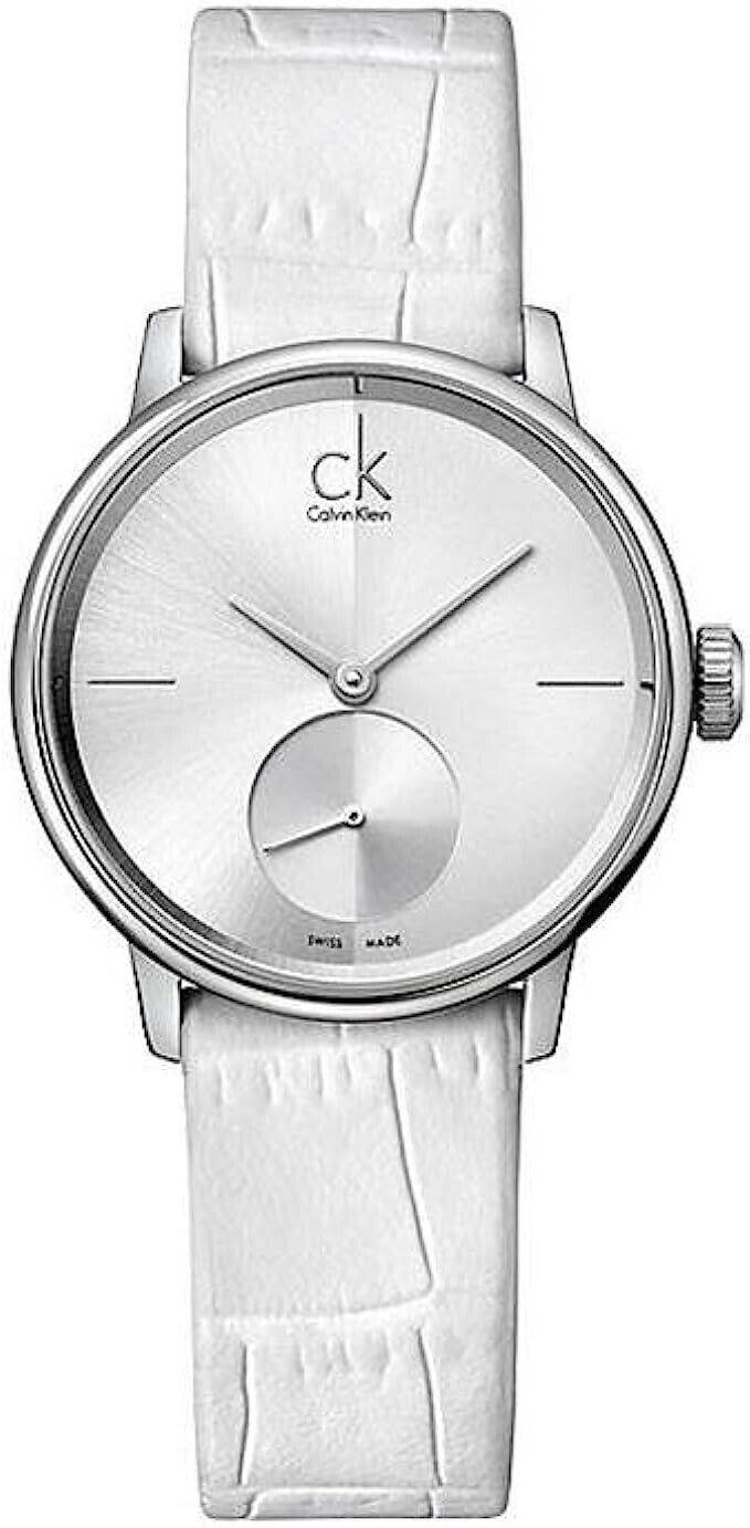 CALVIN KLEIN Accent Silber Zifferblatt Weiße Leder Damen Uhr
