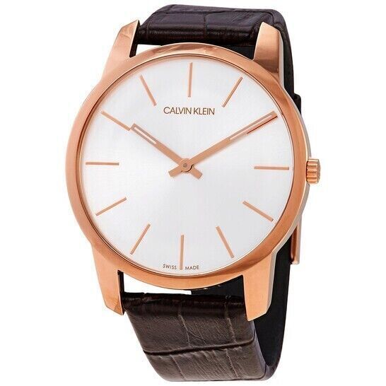 CALVIN KLEIN Quarz Uhr mit silbernem Zifferblatt und braunem Lederarmband für Herren