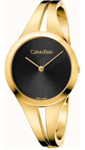 CALVIN KLEIN Addict Damen Uhr mit schwarzem Zifferblatt und goldfarbenem Armreif
