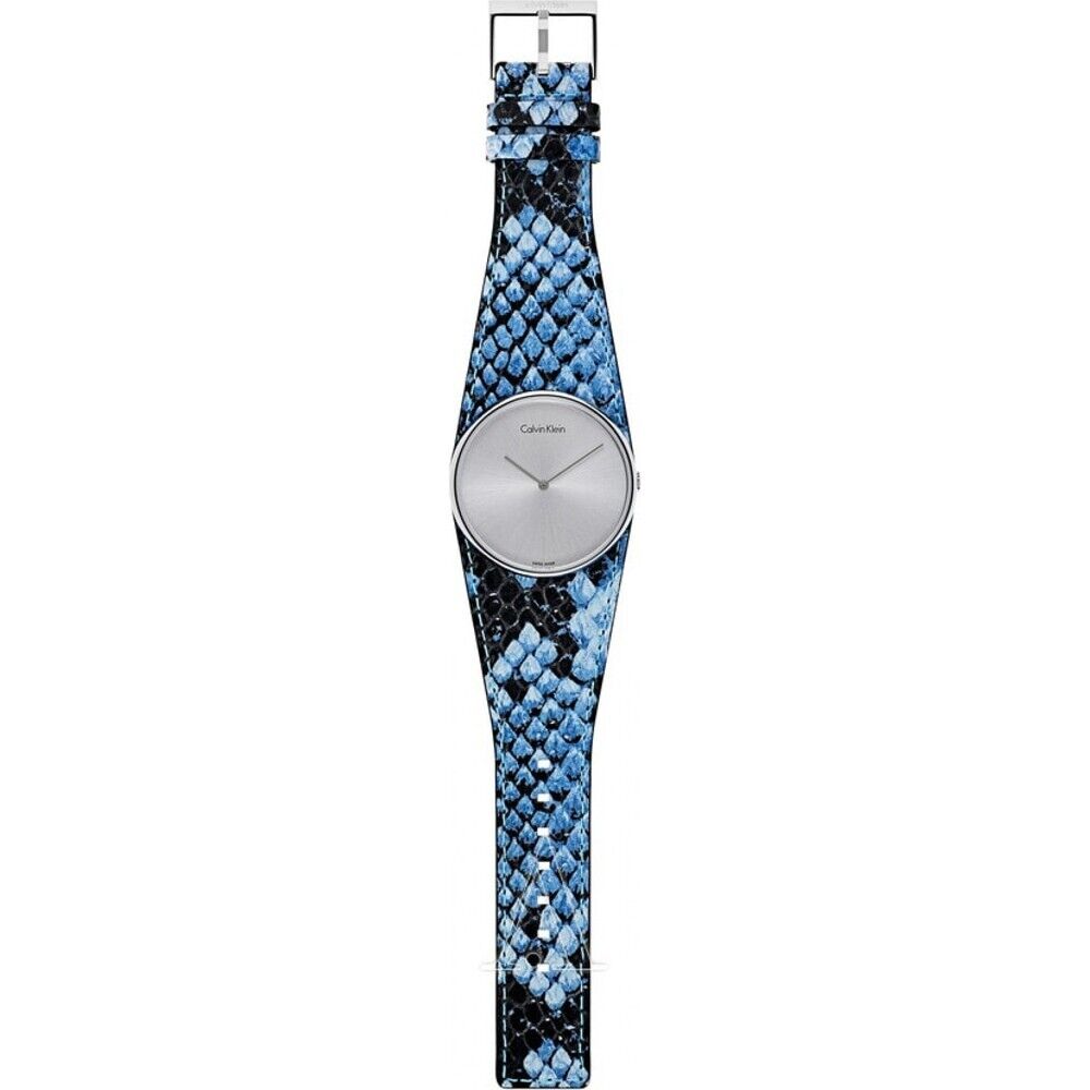 CALVIN KLEIN Spellbound Damenarmbanduhr silbernes Zifferblatt blaues Lederarmband