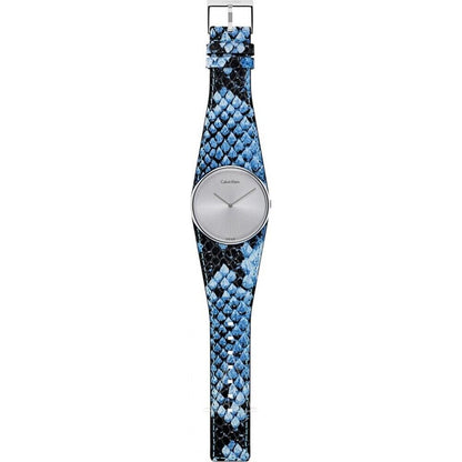 CALVIN KLEIN Spellbound Damenarmbanduhr silbernes Zifferblatt blaues Lederarmband