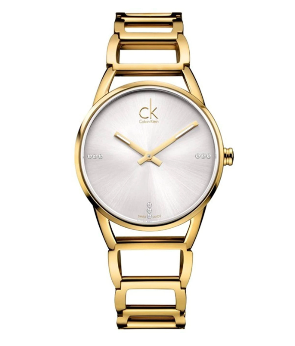 CALVIN KLEIN Quarz Damenarmbanduhr silbernes Zifferblatt gelbgoldene Beschichtung