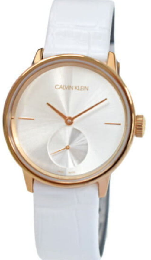 CALVIN KLEIN Damenarmbanduhr mit silbernem Zifferblatt und weißem Leder
