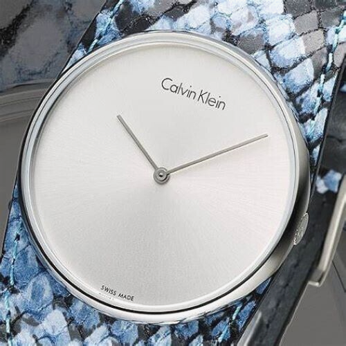 CALVIN KLEIN Spellbound Damenarmbanduhr silbernes Zifferblatt blaues Lederarmband