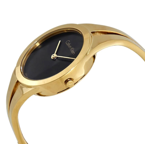 CALVIN KLEIN Addict Damen Uhr mit schwarzem Zifferblatt und goldfarbenem Armreif