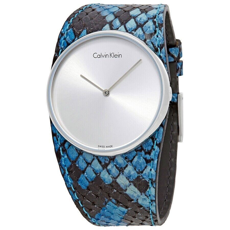 CALVIN KLEIN Spellbound Damenarmbanduhr silbernes Zifferblatt blaues Lederarmband