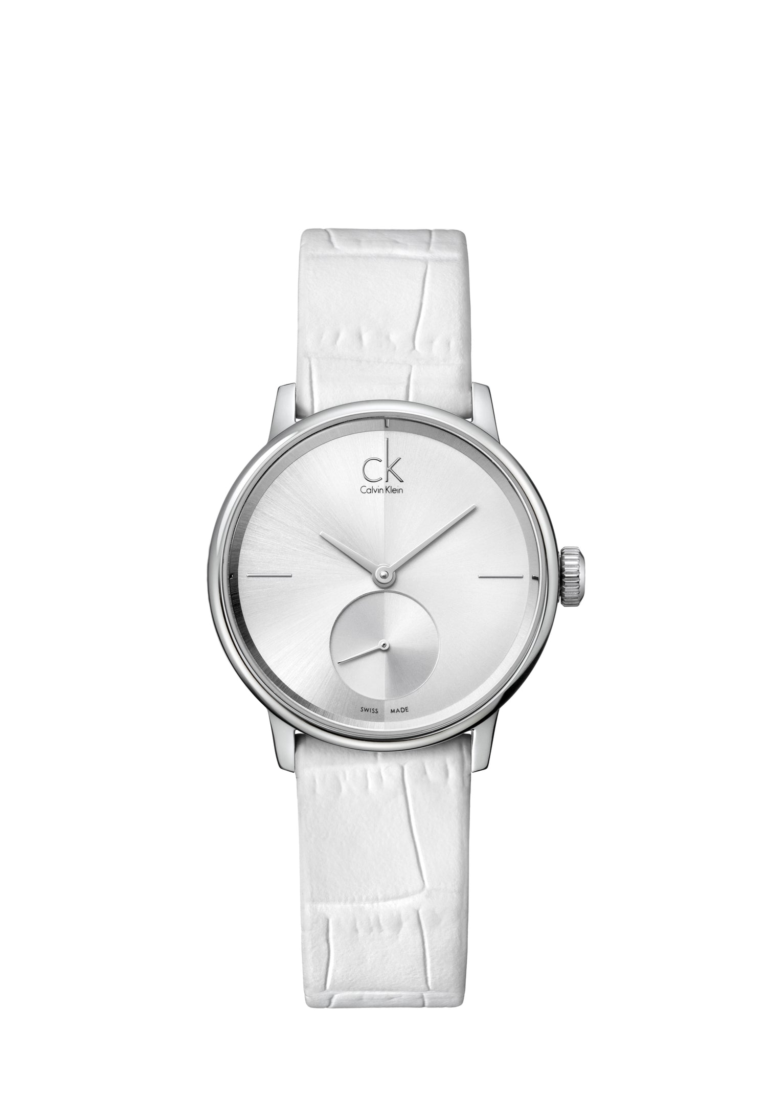 CALVIN KLEIN Accent Silver Dial White Leather Ladies Watch