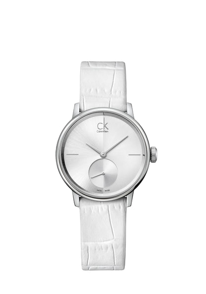 CALVIN KLEIN Accent Silver Dial White Leather Ladies Watch