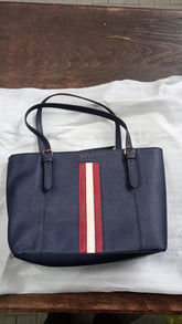 Bally Supra Damenhandtasche aus Leder in Marineblau, elegante Tasche mit Tragegriffen und Reißverschluss.