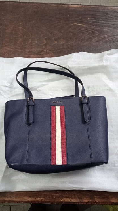 Bally Supra Damenhandtasche aus Leder in Marineblau, elegante Tasche mit Tragegriffen und Reißverschluss.