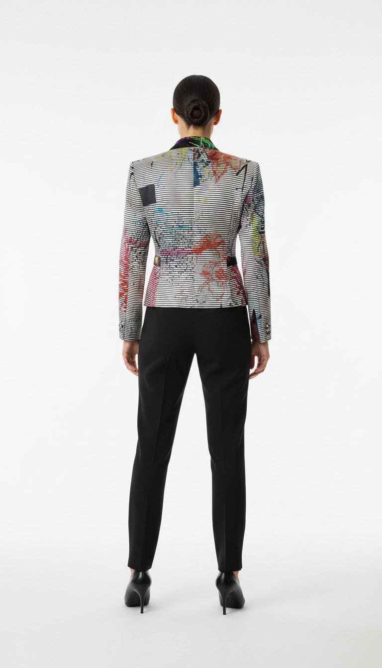 brands-iconic.com Emporio Armani Blazer mit buntem Streifenmuster und grafischen Akzenten, Rückansicht an Model