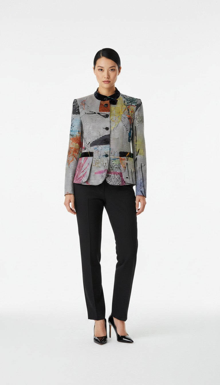 brands-iconic.com Emporio Armani Blazer mit buntem Streifenmuster, Stehkragen und Knopfleiste an einer Frau