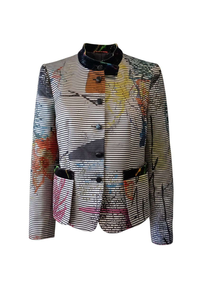 brands-iconic.com Emporio Armani Blazer mit buntem Streifenmuster, schwarzem Stehkragen und Knopfleiste für Damen