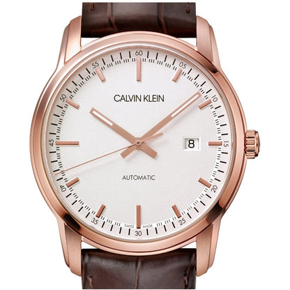 Calvin Klein Herrenuhr Classic 42mm Swiss Made Automatikuhr mit schwarzem Zifferblatt und Edelstahlarmband.