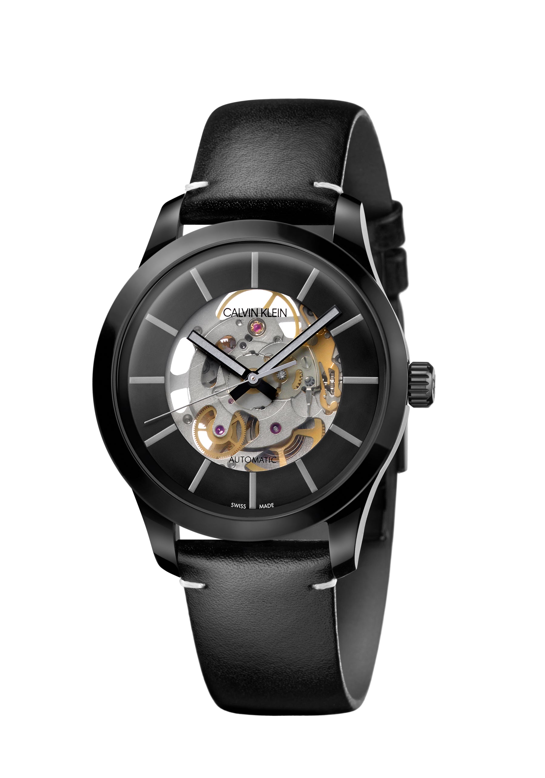 Calvin Klein Swing Herrenuhr Automatikuhr 41mm Swiss Made, stilvolles Design mit dunklem Zifferblatt und Edelstahl-Gehäuse.