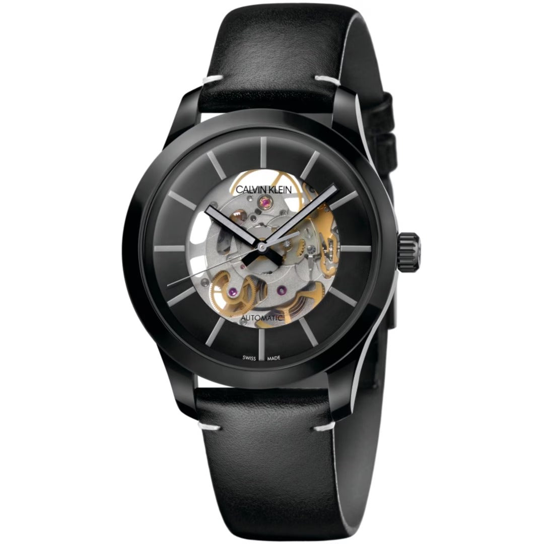 Calvin Klein Swing Herrenuhr 41mm Automatikuhr mit Edelstahlgehäuse und schwarzem Zifferblatt, Swiss Made, K9A244CY