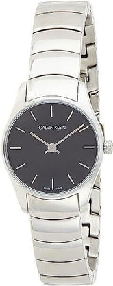 Calvin Klein Damenuhr Classic mit 24mm Gehäuse, schwarzes Zifferblatt und Edelstahlarmband, Swiss Made, elegante Damenuhr