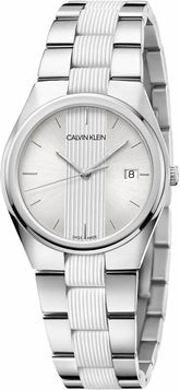 Calvin Klein Contra Damenuhr mit 34 mm Gehäuse, silbernes Zifferblatt, Swiss Made, Quarzwerk, elegantes Design