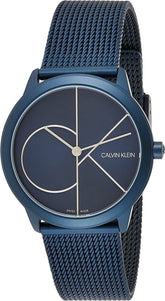 Calvin Klein Damenarmbanduhr mit minimalistischem Design, blauem Zifferblatt und silbernem Armband.