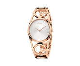 Calvin Klein Damenuhr Round mit 32,5 mm Silber-Zifferblatt und rosegold PVD-Band, Swiss Made Quarzuhr, elegante Damenuhr