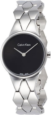 Calvin Klein Damenuhr Snake mit schwarzem Zifferblatt, 28mm Edelstahlarmband, Swiss Made, elegante Damenarmbanduhr