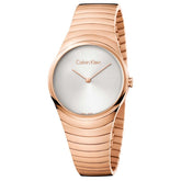 Calvin Klein Whirl Damenuhr mit silbernem Zifferblatt und rosegold PVD-Gehäuse, Quarzwerk, 33mm Durchmesser.