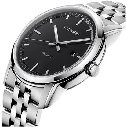 Calvin Klein Infinite Herrenuhr 42mm Swiss Made mit Edelstahlarmband und schwarzem Zifferblatt, Automatikuhr.