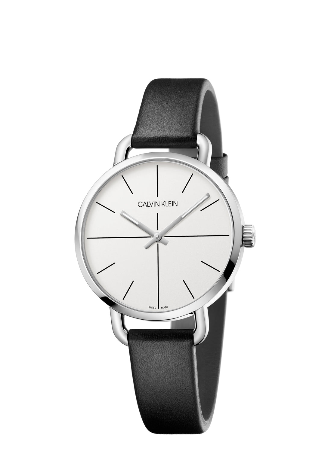 Calvin Klein Even Damenuhr mit 36mm Gehäuse, Swiss Made, Quarzuhr mit elegantem Design, silbernem Zifferblatt und Lederarmband