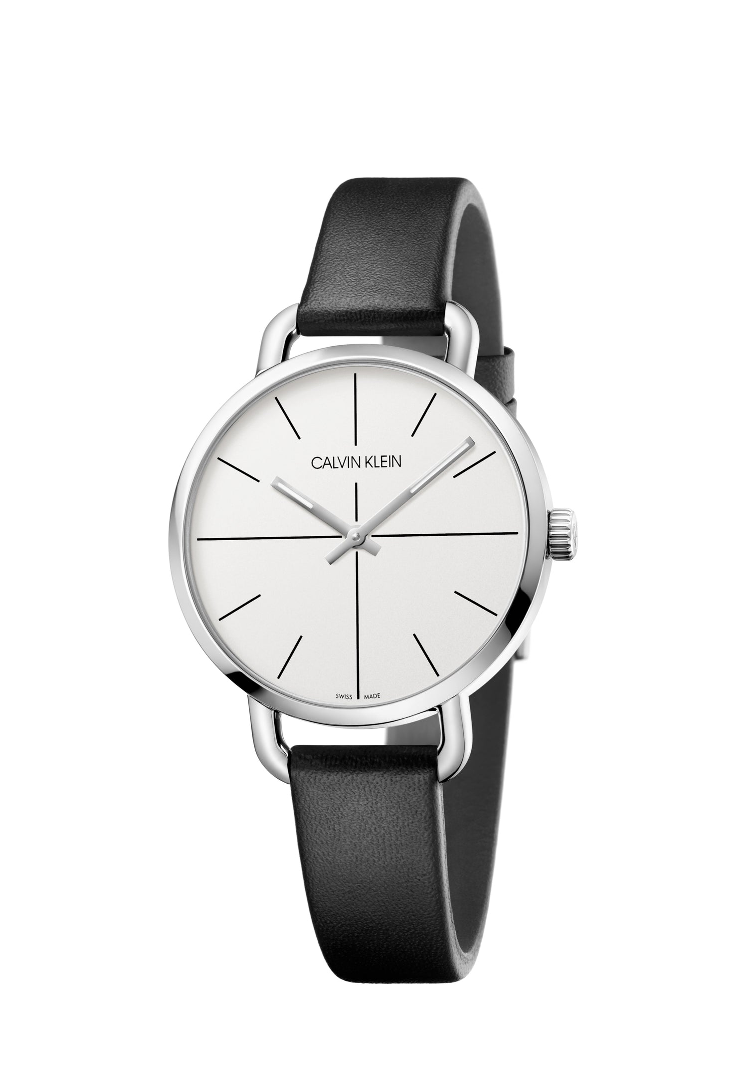 Calvin Klein Even Damenuhr mit 36mm Gehäuse, Swiss Made, Quarzuhr mit elegantem Design, silbernem Zifferblatt und Lederarmband