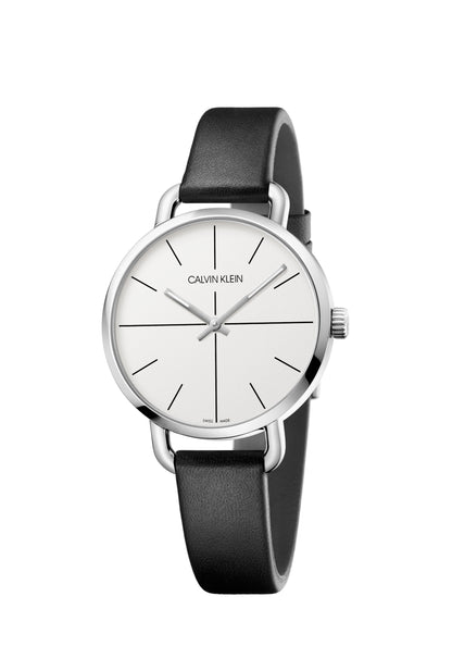 Calvin Klein Even Damenuhr mit 36mm Gehäuse, Swiss Made, Quarzuhr mit elegantem Design, silbernem Zifferblatt und Lederarmband