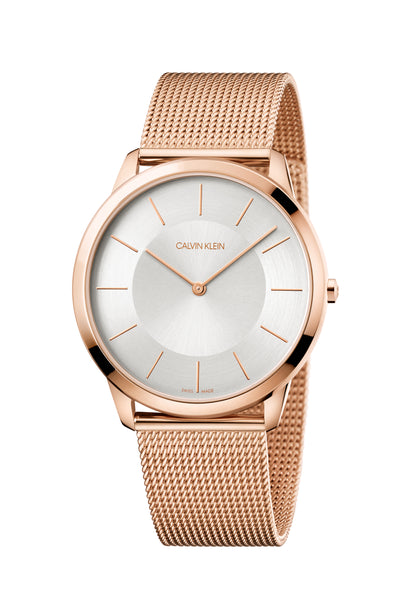 Calvin Klein Minimal Herrenuhr mit 43mm Edelstahl-Gehäuse, gold-rosé Armband, Swiss Made, Quarzuhr, elegante Damenuhr