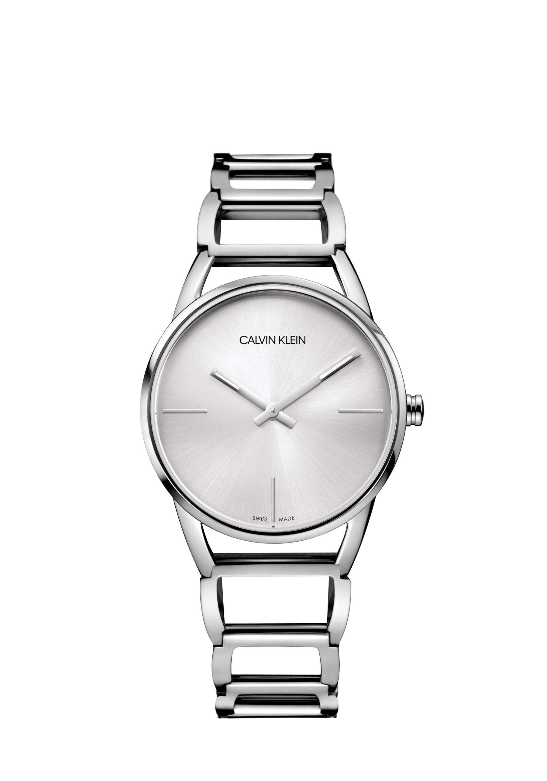 Calvin Klein Stately Quarzuhr 33mm Swiss Made mit Edelstahlgehäuse und Lederarmband, elegante Damenuhr.