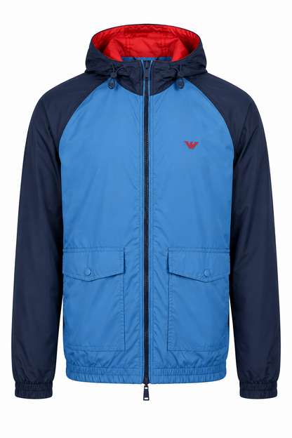 Armani Jeans Herrenjacke Windbreaker wendbar mit Kapuze Blau Schwarz