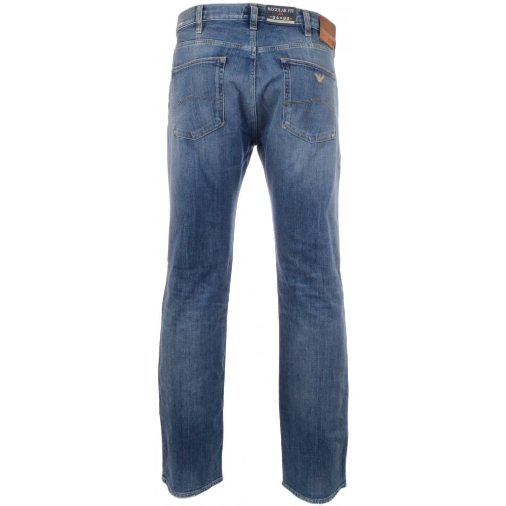 Herren-Jeans von Emporio Armani, Gerade Bein, blaue ausgewaschene Denim-Jeans, W33/L34, modischer Casual-Look