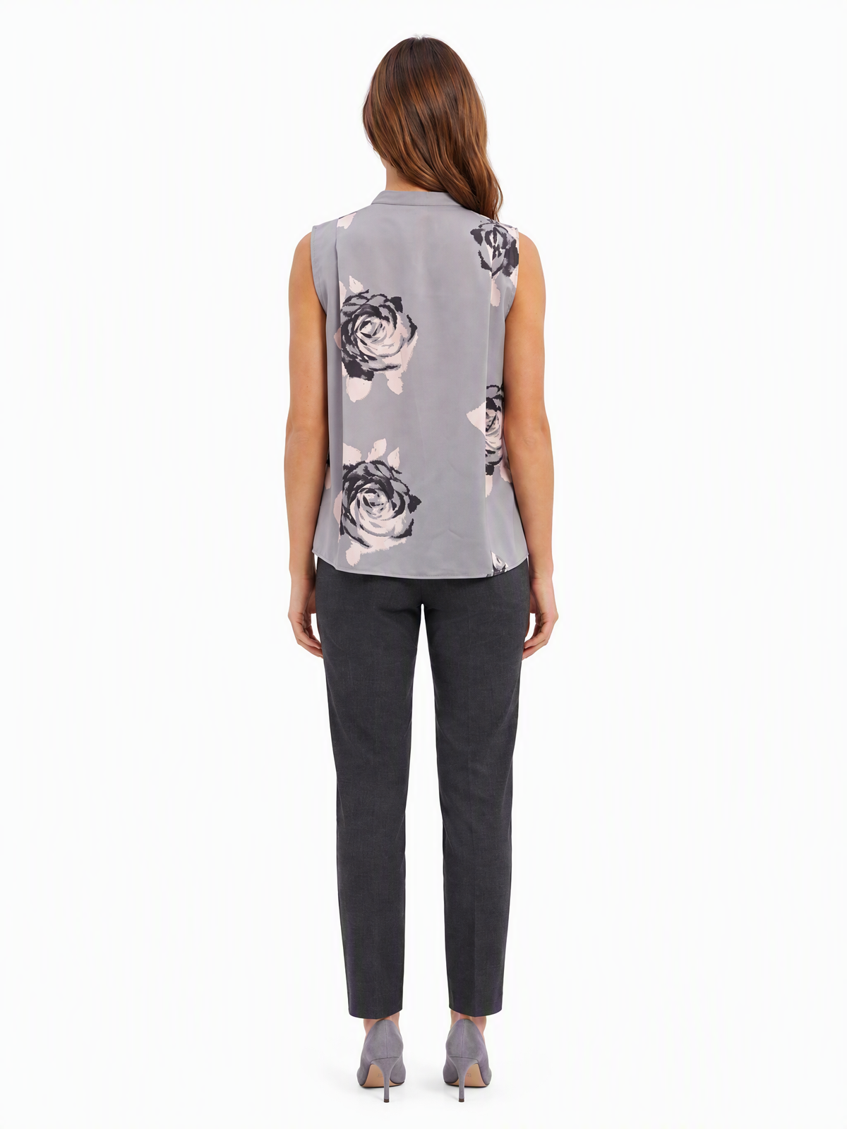 Armani Jeans Bluse Damen ärmellos Rosen-Print Grau — on model