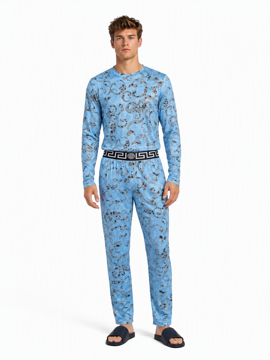 Versace Pyjama Hellblau Barock-Muster — on model