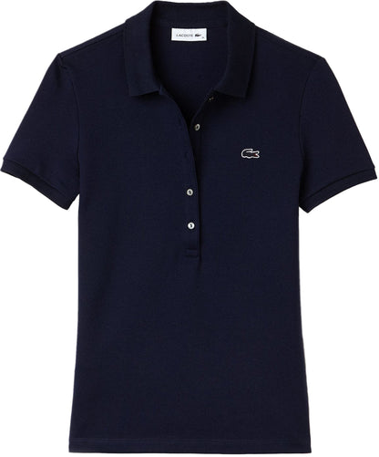 Lacoste Damen Poloshirt kurzarm in Marineblau, bequemes Baumwoll-Poloshirt mit grünem Logo-Emblem auf der Brust.