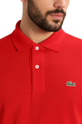 Rotes Lacoste L.12.12 Poloshirt für Herren mit Kroko-Logo auf der Brust, bequemes Baumwoll-Poloshirt, Nahaufnahme