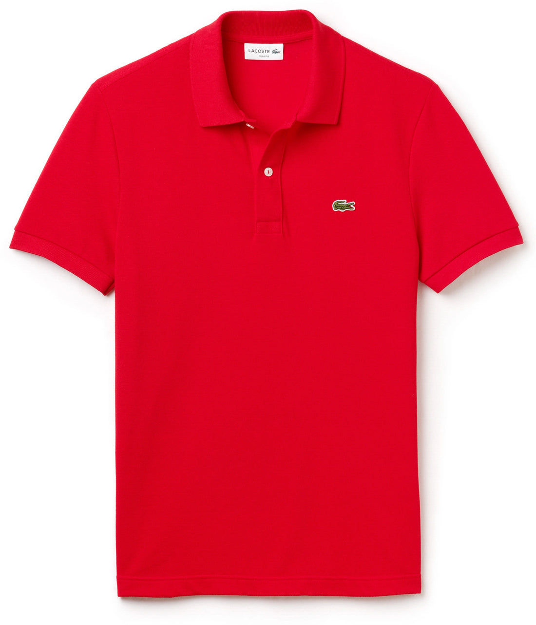 Rotes Lacoste L.12.12 Poloshirt für Herren mit klassischem Kragen und Logo-Stickerei, auf einem weißen Hintergrund gezeigt