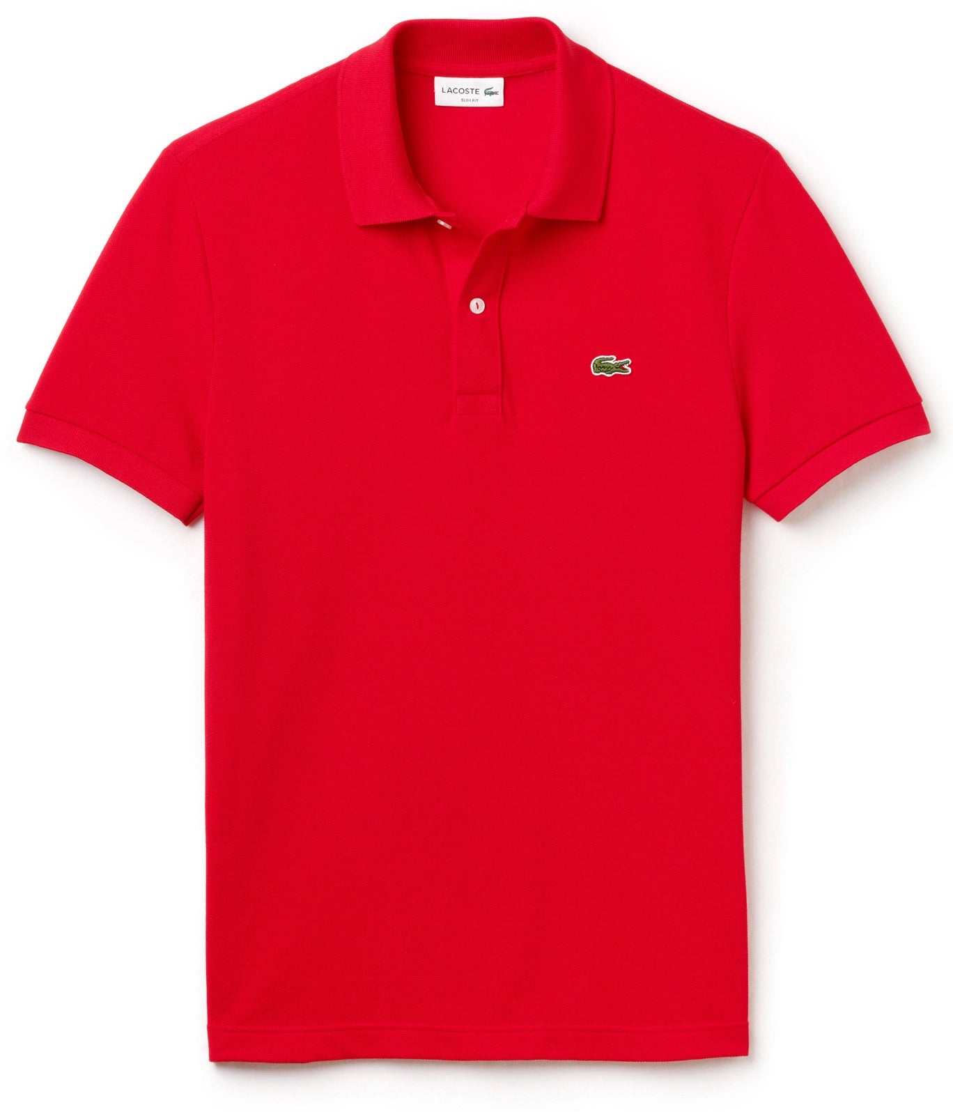 Rotes Lacoste L.12.12 Poloshirt für Herren mit klassischem Kragen und Logo-Stickerei, auf einem weißen Hintergrund gezeigt