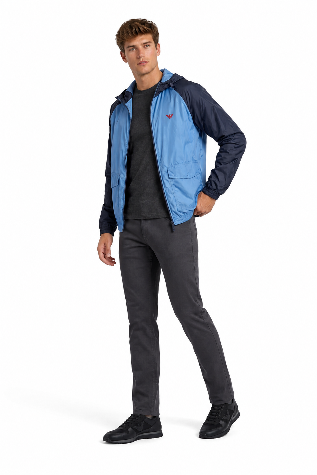 Armani Jeans Herrenjacke Windbreaker wendbar mit Kapuze Blau Schwarz