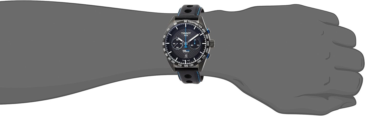 Tissot PRS 516 Automatic Chronograph 45mm mit schwarzem Zifferblatt und Edelstahlarmband, sportliches Design, Uhr im Nahaufnahme-Image