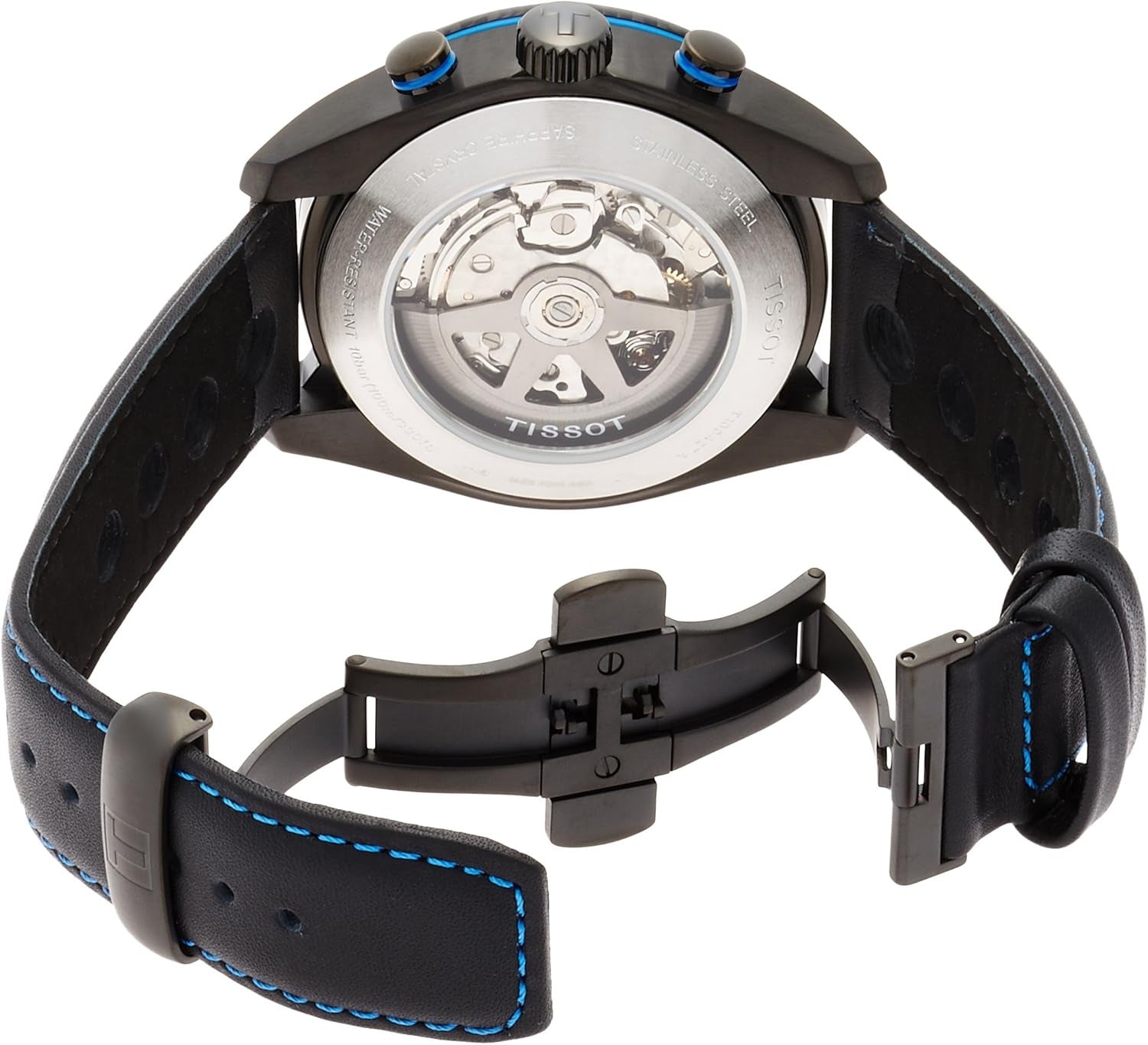 Tissot PRS 516 Automatik-Chronograph 45mm mit schwarzem Zifferblatt und Edelstahlarmband, zeigt Chronographenfunktionen.