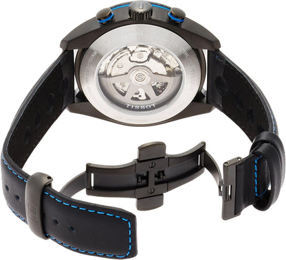 Tissot PRS 516 Automatik-Chronograph 45mm mit schwarzem Zifferblatt und Edelstahlarmband, zeigt Chronographenfunktionen.