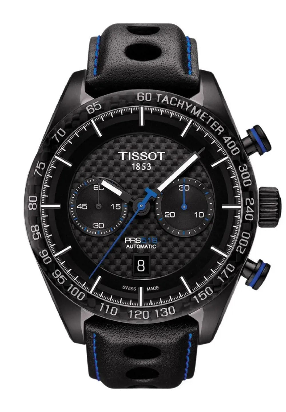 Tissot PRS 516 Automatik-Chronograph 45mm mit Edelstahlgehäuse, schwarzes Zifferblatt und Chronographenfunktion.