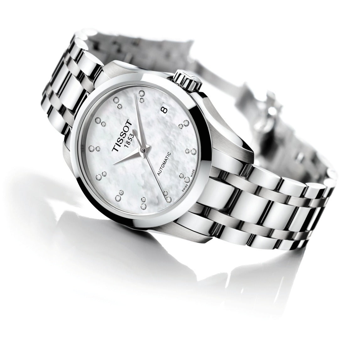 Tissot Couturier Automatic Lady Diamanten 32mm Automatikuhr mit Diamant-Details und Edelstahlarmband, elegante Damenarmbanduhr